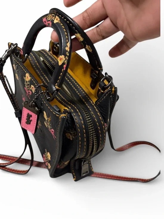 Coach Floral Rogue 17  Leather Mini Satchel - Black with Pink & Yellow Accent - Picture 5 of 8